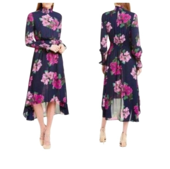 Nanette Lepore Blue Green Pink Floral Print  LongSleeve Midi Dress Size 8 - Picture 1 of 8